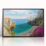 Large abstract wall art depicting the Amalfi Coast in muted tones on a framed acrylic, ideal for modern living room decor.