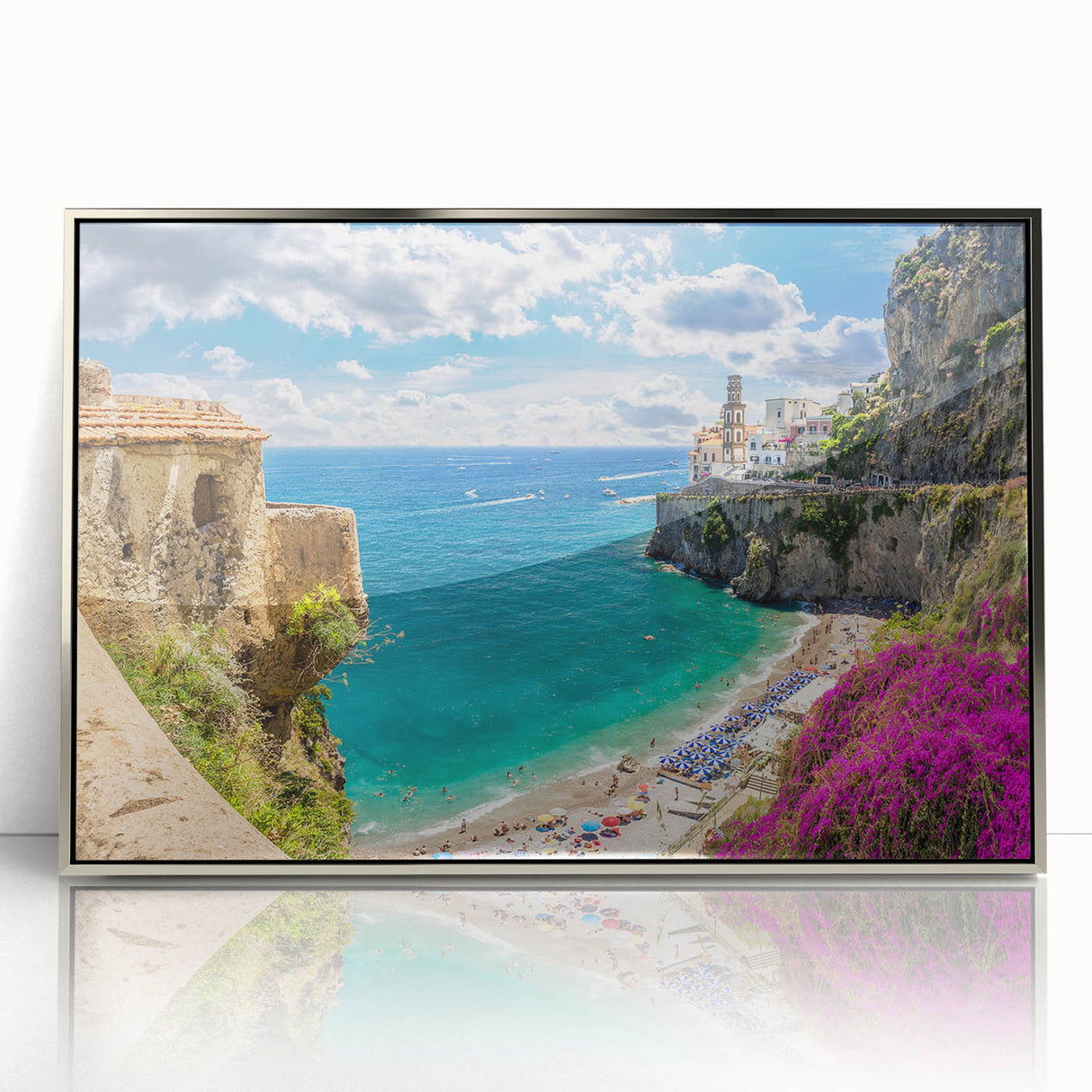 Framed acrylic print of the Amalfi Coast with vivid blue and white tones, ideal for modern art wall decor.