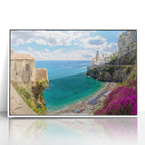 Mid-century modernist art of the Amalfi Coast in muted blue and white hues, framed acrylic, ideal for modern art wall decor.