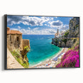 Black and white framed canvas of Amalfi Coast landscape, ideal for bedroom wall art.