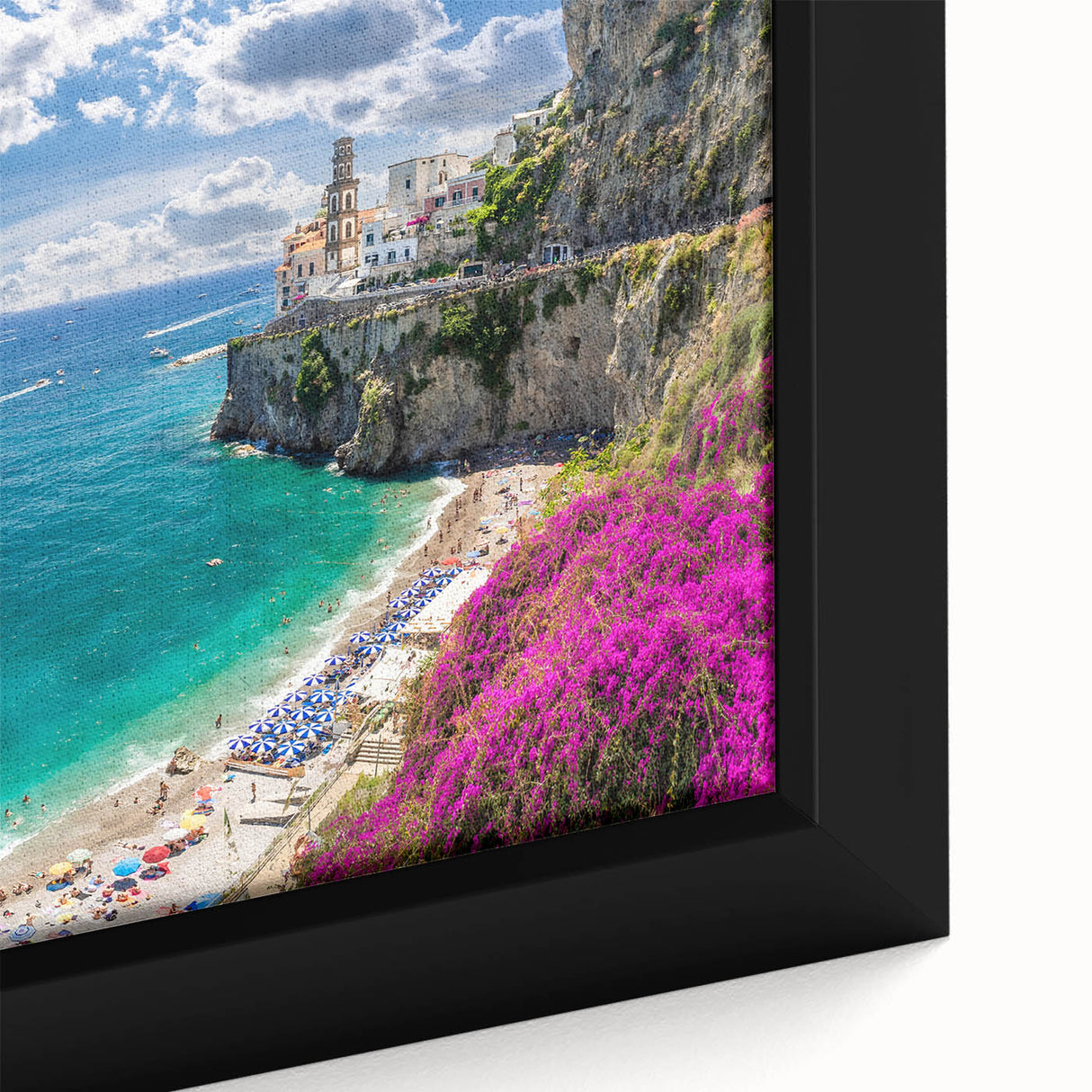 Textured black wall art of Amalfi Coast with colorful accents on a large framed canvas, ideal for living room decor.
