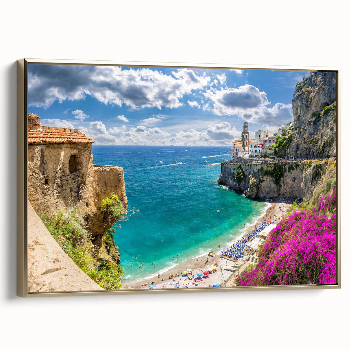 Framed canvas of Amalfi Coast landscape in muted gold and black tones, ideal for bedroom wall art.
