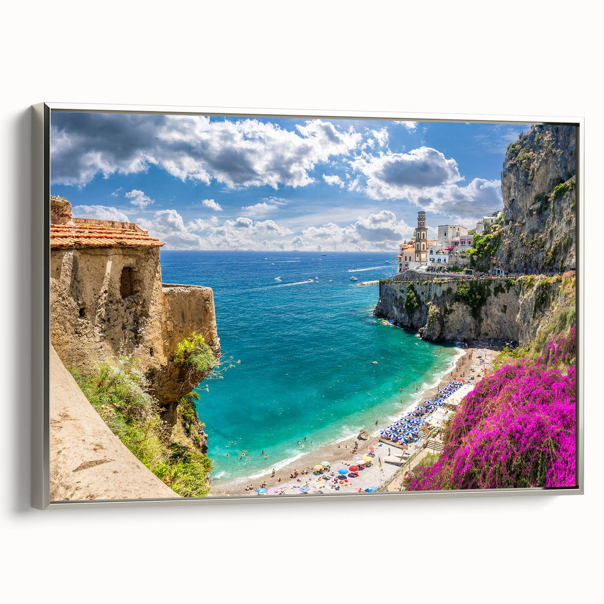 Framed canvas depicting a vintage-style landscape of the Amalfi Coast in vibrant colors.