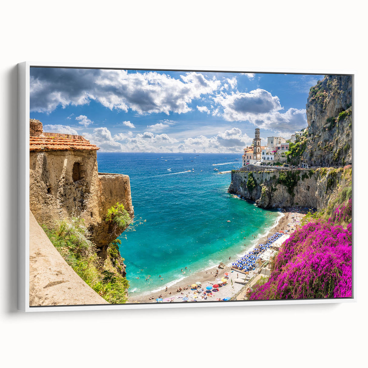 Vintage poster art of Amalfi Coast on framed canvas, featuring colorful buildings and blue sea, ideal for living room decor.