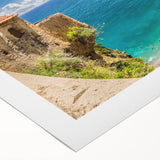 Art deco poster of the Amalfi Coast in vibrant hues on rolled canvas, suitable for dining room wall art.