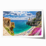 Rolled print of Amalfi Coast with vivid blue ocean and pastel buildings, ideal for art wall dining room.