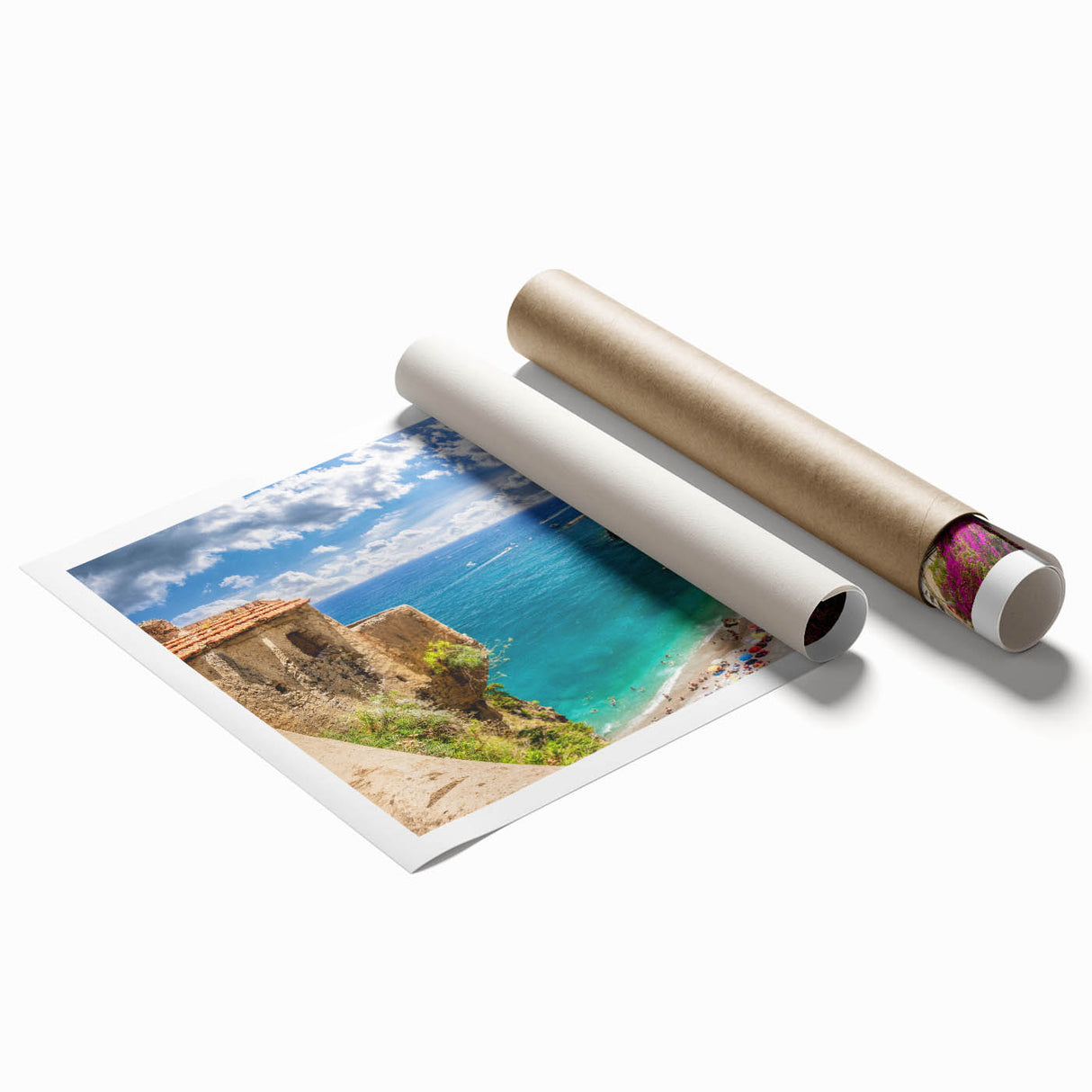 Extra large rolled print of Amalfi Coast with vibrant floral elements, ideal for classy bathroom wall art.