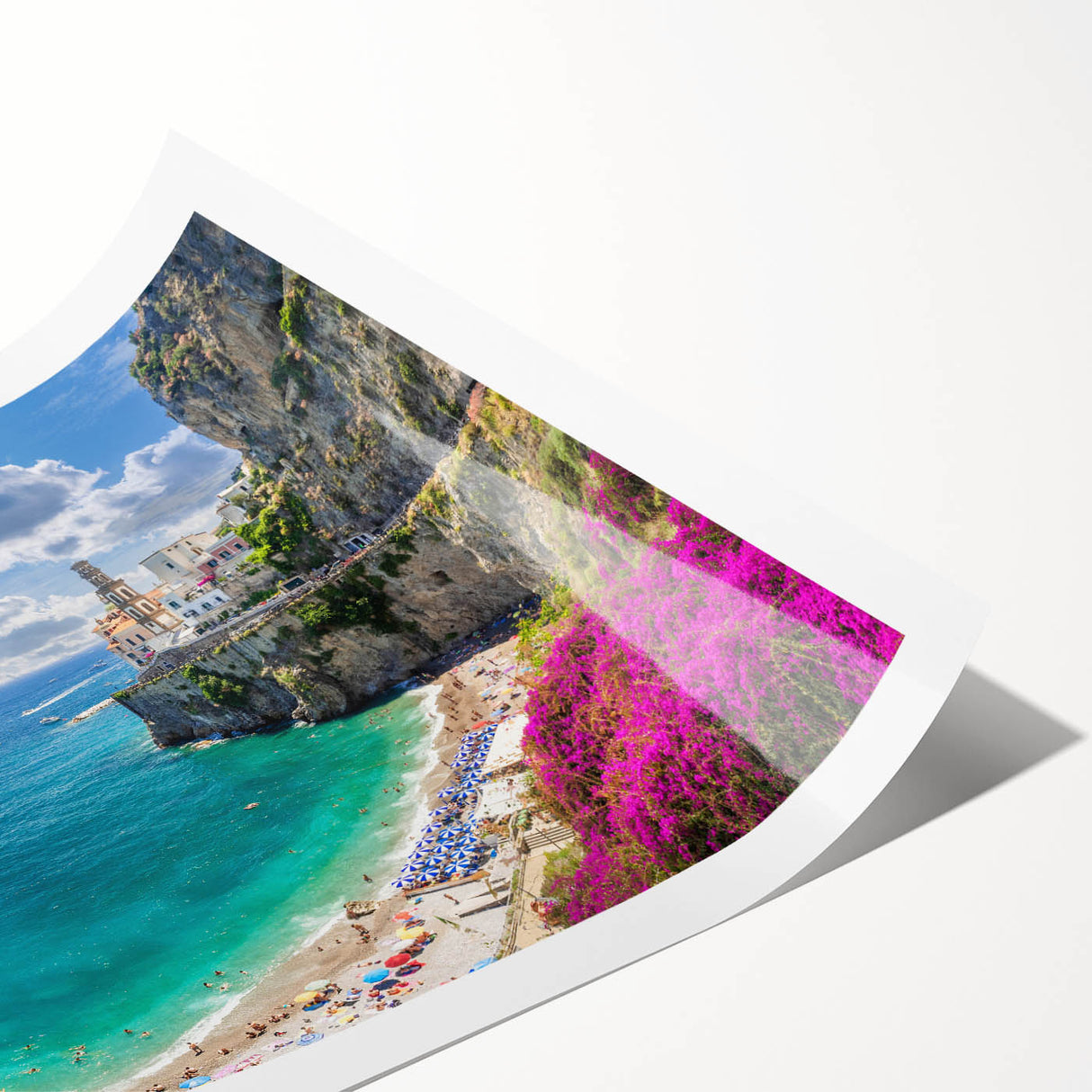 Extra large wall art of Amalfi Coast with vibrant colors on a rolled print, featuring line art flowers.