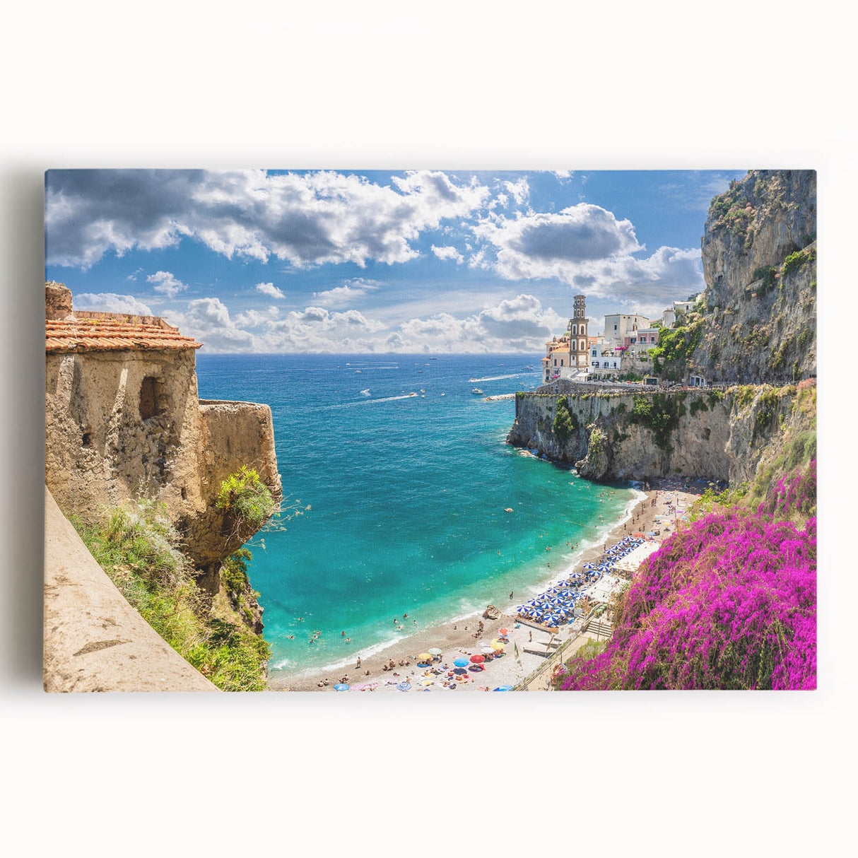 Black and white stretched canvas of Amalfi Coast scenery, ideal for kitchen wall art.