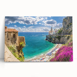 Black and white large art print of the Amalfi Coast on stretched canvas, ideal for kitchen wall art.