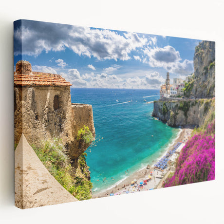 Amalfi Coast landscape on stretched canvas, featuring vivid blue and white tones, suitable for kitchen wall art.