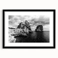 Extra large abstract art print of a colorful Capri scenery, textured on a black framed canvas.