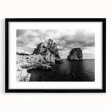 Extra large abstract art print of a colorful Capri scenery, textured on a black framed canvas.