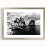 Extra large abstract art print of Capri, Italy, featuring textured blues and whites on a silver-framed canvas.