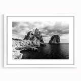 Textured abstract art print of Capri, Italy in muted earth tones on a framed white mat, ideal for bedroom art.