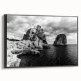Black and white landscape art painting of Capri, Italy on framed canvas, ideal for bedroom decor.