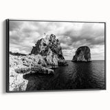 Black and white landscape art painting of Capri, Italy on framed canvas, ideal for bedroom decor.