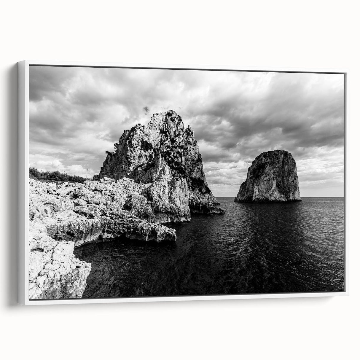 Vintage poster art of Capri, Italy, featuring vibrant colors on a large framed canvas, suitable for living room decor.