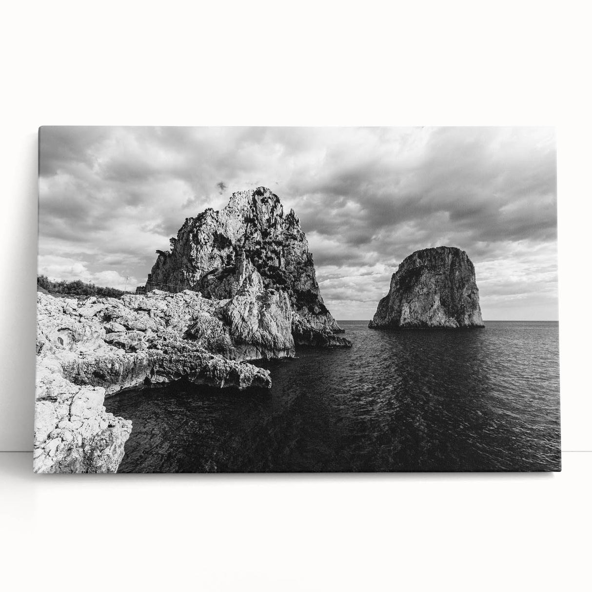 Black and white stretched canvas of Capri, Italy scenery, ideal for kitchen wall art.