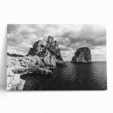 Black and white stretched canvas of Capri, Italy scenery, ideal for kitchen wall art.
