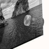 Large abstract wall art of Capri, Italy in muted blue tones on acrylic glass, suitable for dining room decor.