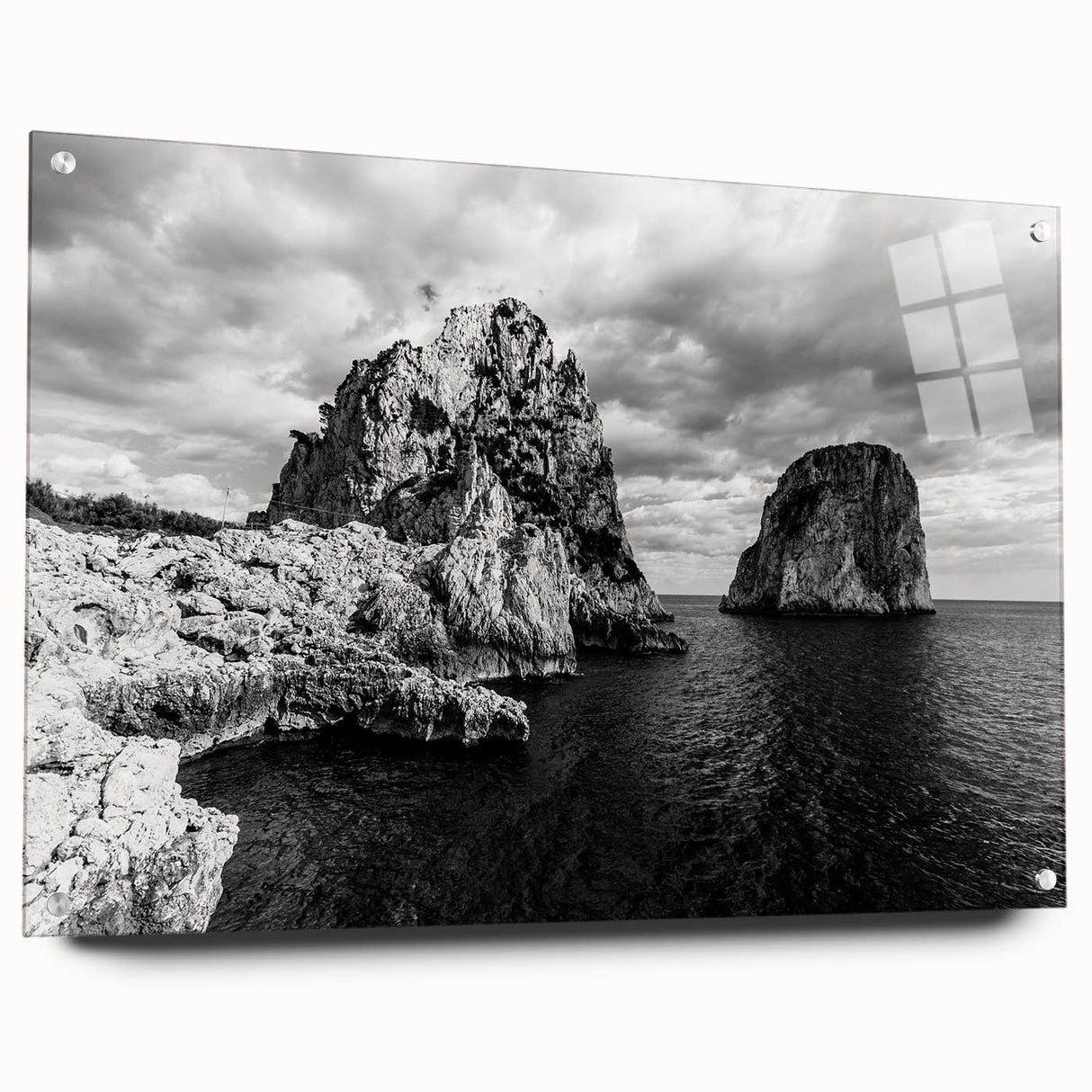 Acrylic print of Capri, Italy, featuring vibrant blues and greens, ideal for dining room decor.