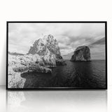 Large abstract wall art depicting the Capri coastline in muted blue and white tones, framed acrylic.