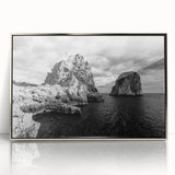 Mid-century modernist art of Capri scenery in silver-framed acrylic, featuring cool blue and white tones.