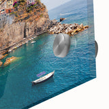 Acrylic print of Cinque Terre with vivid coastal colors, ideal for dining room art in a mid-century modernist style.