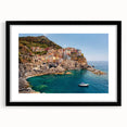 Extra large framed wall art of an abstract Cinque Terre scenery in vibrant, textured colors, ideal for living room decor.