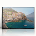 Framed acrylic print of Cinque Terre with vibrant coastal hues, ideal for modern art wall decor.