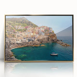 Framed acrylic print of Cinque Terre with vivid coastal colors, ideal for modern art wall decor.