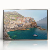 Framed acrylic print of Cinque Terre with vivid coastal colors, ideal for modern art wall decor.