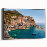 Black and white framed canvas of Cinque Terre landscape, ideal for bedroom wall decor.