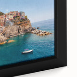 Black framed canvas of Cinque Terre with textured, colorful art, ideal for extra large living room wall.