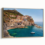 Framed canvas depicting Cinque Terre landscape in vintage poster style with muted earth tones, ideal for bedroom wall art.