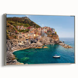 Framed canvas of Cinque Terre landscape art painting featuring colorful houses and a blue sea, ideal for living room decor.