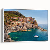 Vintage poster art of Cinque Terre on a framed canvas with colorful scenery, ideal for living room decor.