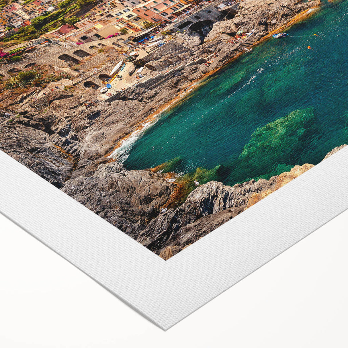 Art deco poster of Cinque Terre with vivid blue and pastel hues on rolled canvas, suitable for dining room decor.