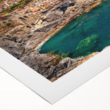 Art deco poster of Cinque Terre with vivid blue and pastel hues on rolled canvas, suitable for dining room decor.