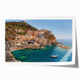 Vivid rolled print of Cinque Terre scenery in pastel shades, ideal for art wall dining room.