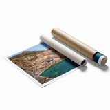 Extra large rolled print depicting Cinque Terre's colorful cliffside homes, ideal for classy bathroom wall art.