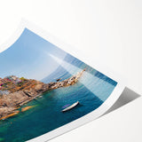 Extra large wall art depicting Cinque Terre, Italy, in vibrant colors on rolled canvas, suitable for large living room decor.