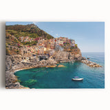 Black and white image of Cinque Terre on stretched canvas, ideal for kitchen wall art.