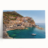 Black and white stretched canvas of Cinque Terre, Italy, with detailed building silhouettes, ideal for kitchen art.
