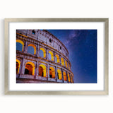 Extra large wall art featuring an abstract print of the Colosseum in Rome with textured details, in a silver frame.