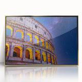Acrylic print of the Colosseum in muted gold tones, framed in art deco style, ideal for modern art wall decor.