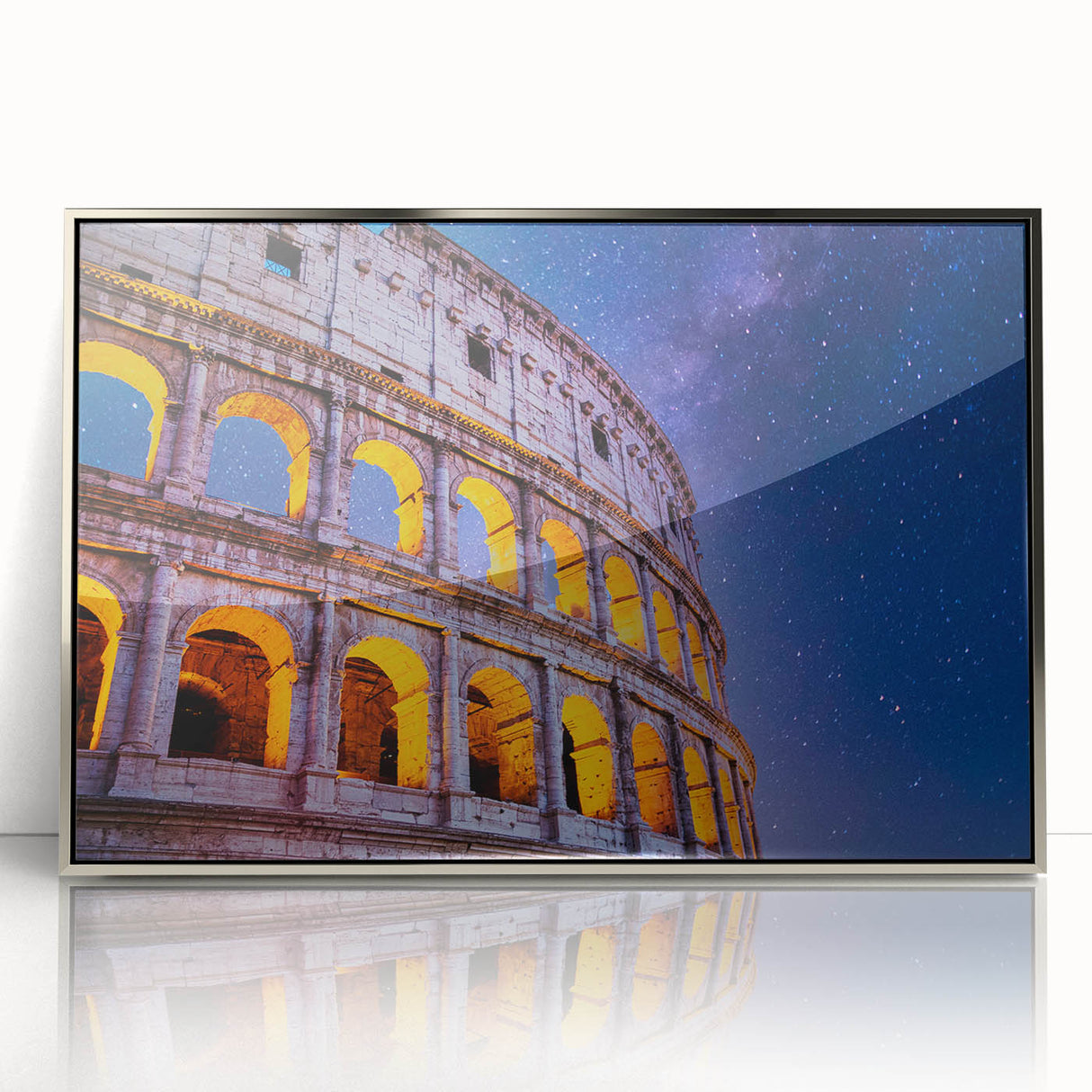 Mid-century modernist style large art print of the Colosseum in muted earth tones on a silver-framed acrylic.