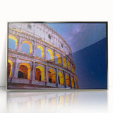 Mid-century modernist style large art print of the Colosseum in muted earth tones on a silver-framed acrylic.