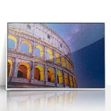 Mid-century modernist art of the Colosseum in muted earth tones on a white framed acrylic, ideal for modern art wall decor.